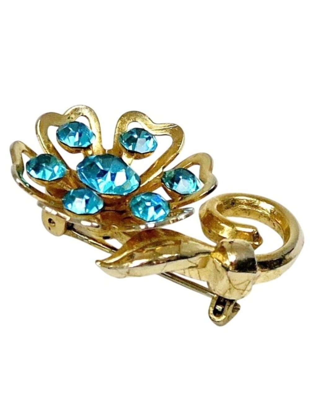 Coro Blue Rhinestone Flower Brooch Mid-Century Gold Tone Costume Jewelry - Picture 2 of 6